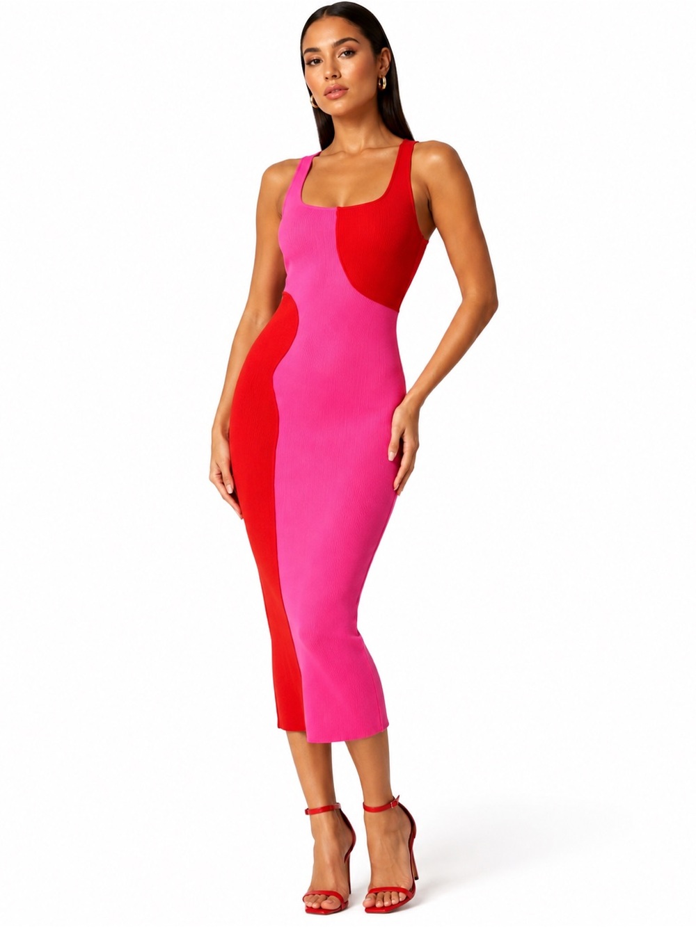 NWOT Sexy Naked Wardrobe Pink Red Colorblock Ribbed Bodycon Midi Dress S